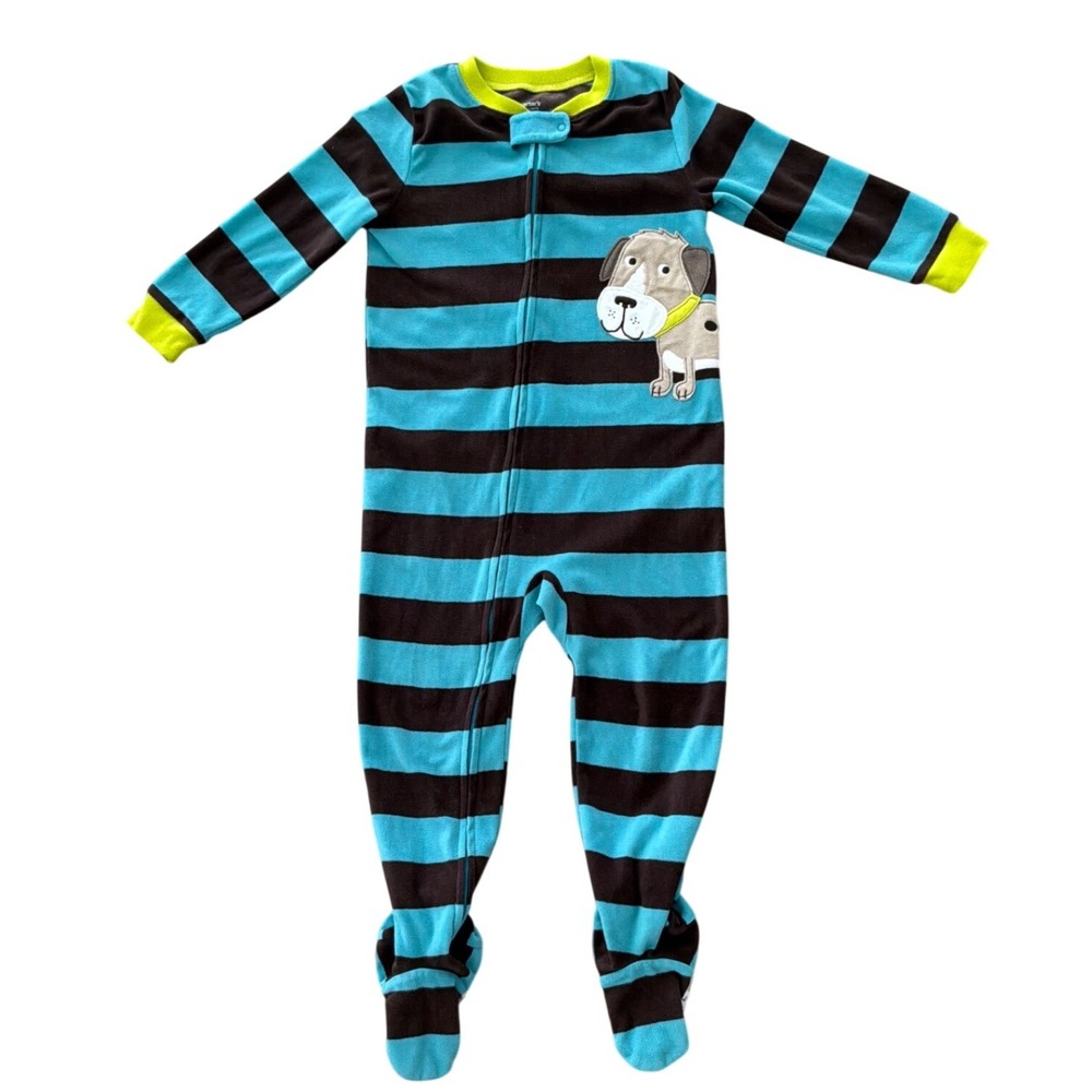 Carters Toddler Boys Blue Brown Striped Puppy Dog Fleece Footed Pajamas 4T